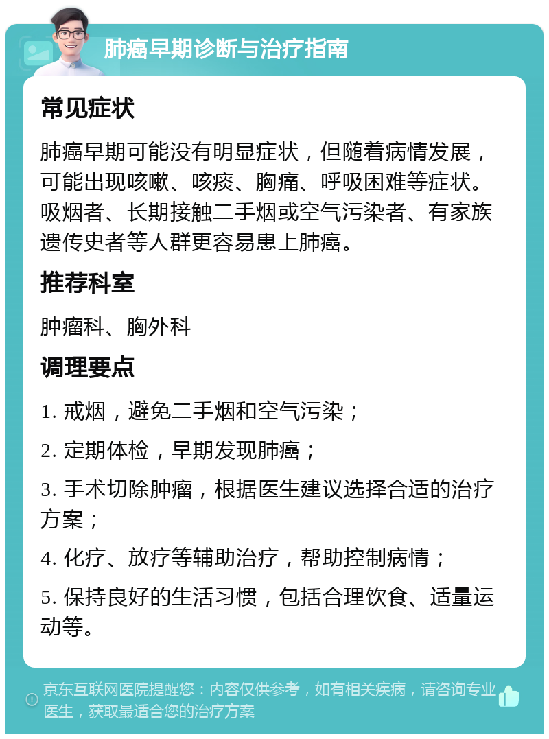 肺癌早期诊断与治疗指南 常见症状 肺癌早期可能没有明显症状，但随着病情发展，可能出现咳嗽、咳痰、胸痛、呼吸困难等症状。吸烟者、长期接触二手烟或空气污染者、有家族遗传史者等人群更容易患上肺癌。 推荐科室 肿瘤科、胸外科 调理要点 1. 戒烟，避免二手烟和空气污染； 2. 定期体检，早期发现肺癌； 3. 手术切除肿瘤，根据医生建议选择合适的治疗方案； 4. 化疗、放疗等辅助治疗，帮助控制病情； 5. 保持良好的生活习惯，包括合理饮食、适量运动等。