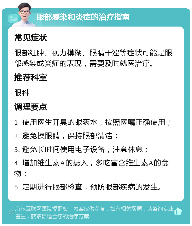 眼部感染和炎症的治疗指南 常见症状 眼部红肿、视力模糊、眼睛干涩等症状可能是眼部感染或炎症的表现，需要及时就医治疗。 推荐科室 眼科 调理要点 1. 使用医生开具的眼药水，按照医嘱正确使用； 2. 避免揉眼睛，保持眼部清洁； 3. 避免长时间使用电子设备，注意休息； 4. 增加维生素A的摄入，多吃富含维生素A的食物； 5. 定期进行眼部检查，预防眼部疾病的发生。