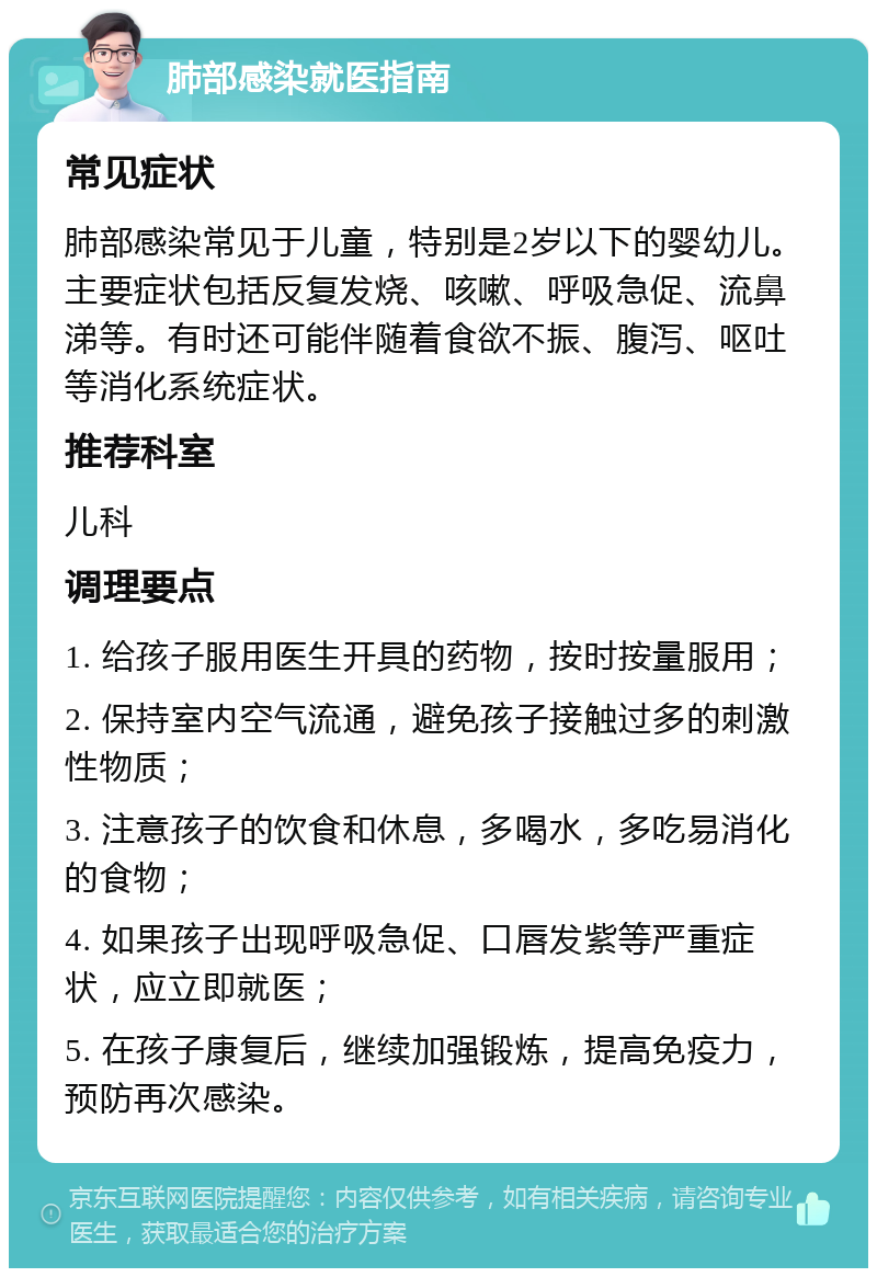 肺部感染就医指南 常见症状 肺部感染常见于儿童，特别是2岁以下的婴幼儿。主要症状包括反复发烧、咳嗽、呼吸急促、流鼻涕等。有时还可能伴随着食欲不振、腹泻、呕吐等消化系统症状。 推荐科室 儿科 调理要点 1. 给孩子服用医生开具的药物，按时按量服用； 2. 保持室内空气流通，避免孩子接触过多的刺激性物质； 3. 注意孩子的饮食和休息，多喝水，多吃易消化的食物； 4. 如果孩子出现呼吸急促、口唇发紫等严重症状，应立即就医； 5. 在孩子康复后，继续加强锻炼，提高免疫力，预防再次感染。