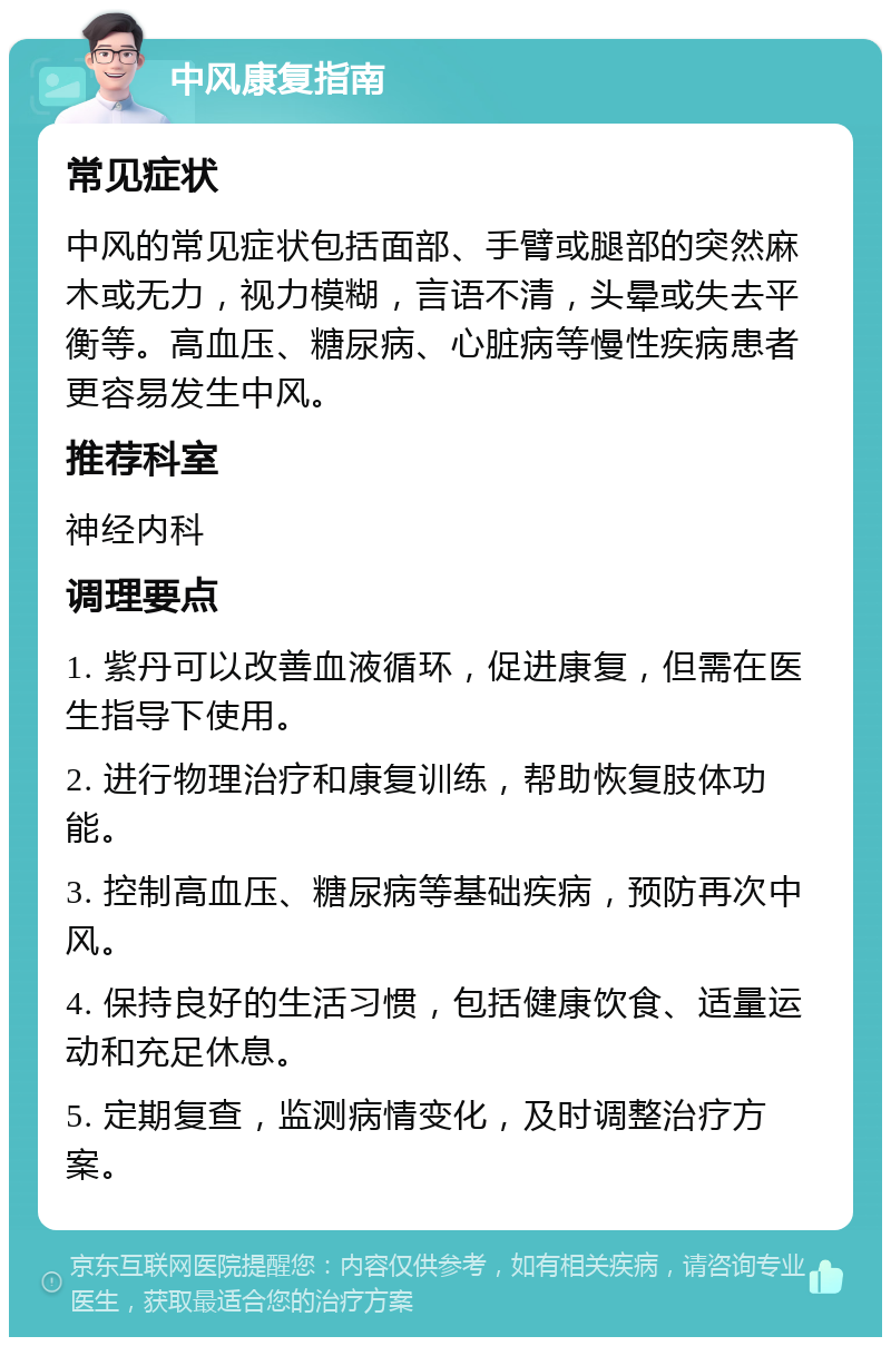 中风康复指南 常见症状 中风的常见症状包括面部、手臂或腿部的突然麻木或无力，视力模糊，言语不清，头晕或失去平衡等。高血压、糖尿病、心脏病等慢性疾病患者更容易发生中风。 推荐科室 神经内科 调理要点 1. 紫丹可以改善血液循环，促进康复，但需在医生指导下使用。 2. 进行物理治疗和康复训练，帮助恢复肢体功能。 3. 控制高血压、糖尿病等基础疾病，预防再次中风。 4. 保持良好的生活习惯，包括健康饮食、适量运动和充足休息。 5. 定期复查，监测病情变化，及时调整治疗方案。