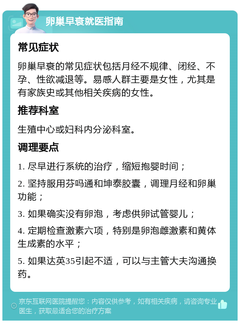 卵巢早衰就医指南 常见症状 卵巢早衰的常见症状包括月经不规律、闭经、不孕、性欲减退等。易感人群主要是女性，尤其是有家族史或其他相关疾病的女性。 推荐科室 生殖中心或妇科内分泌科室。 调理要点 1. 尽早进行系统的治疗，缩短抱婴时间； 2. 坚持服用芬吗通和坤泰胶囊，调理月经和卵巢功能； 3. 如果确实没有卵泡，考虑供卵试管婴儿； 4. 定期检查激素六项，特别是卵泡雌激素和黄体生成素的水平； 5. 如果达英35引起不适，可以与主管大夫沟通换药。