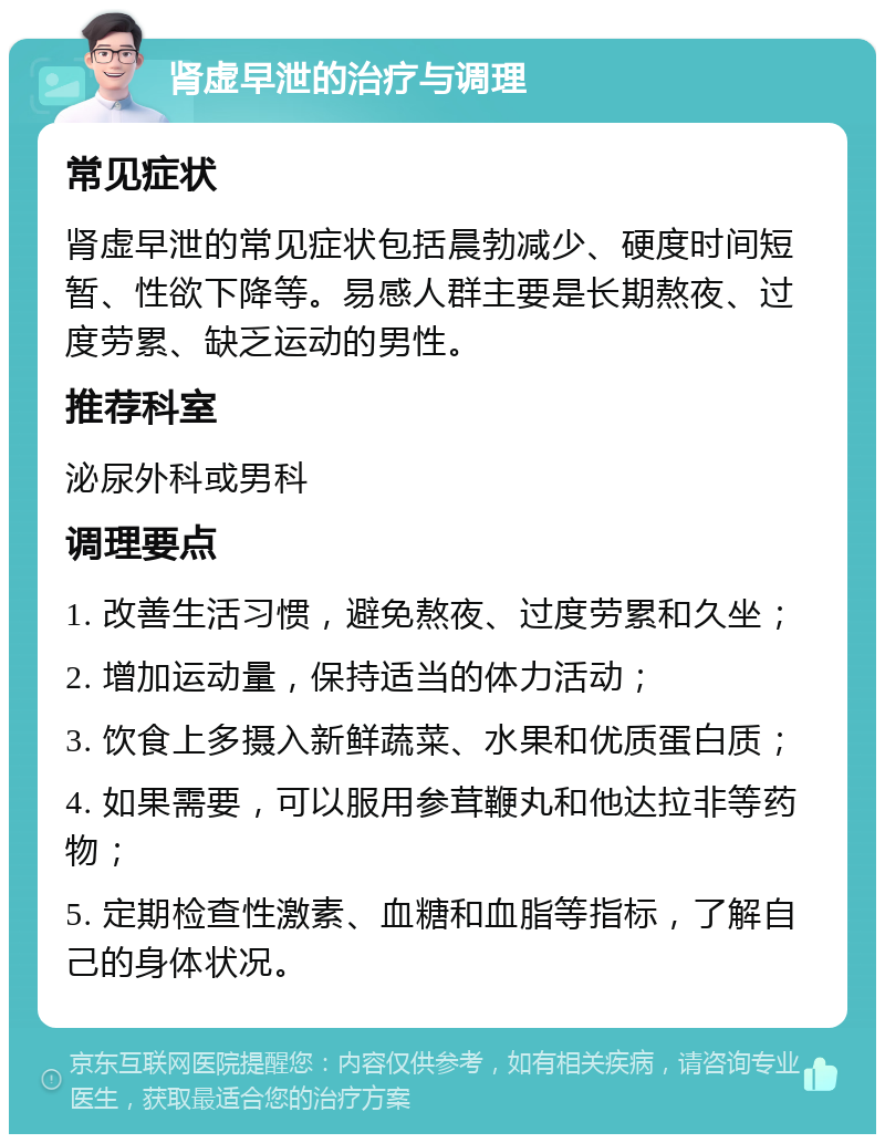 肾虚早泄的治疗与调理 常见症状 肾虚早泄的常见症状包括晨勃减少、硬度时间短暂、性欲下降等。易感人群主要是长期熬夜、过度劳累、缺乏运动的男性。 推荐科室 泌尿外科或男科 调理要点 1. 改善生活习惯，避免熬夜、过度劳累和久坐； 2. 增加运动量，保持适当的体力活动； 3. 饮食上多摄入新鲜蔬菜、水果和优质蛋白质； 4. 如果需要，可以服用参茸鞭丸和他达拉非等药物； 5. 定期检查性激素、血糖和血脂等指标，了解自己的身体状况。