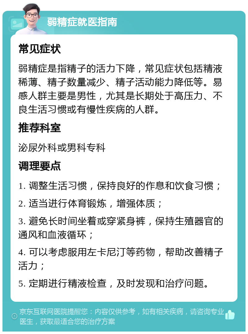 弱精症就医指南 常见症状 弱精症是指精子的活力下降，常见症状包括精液稀薄、精子数量减少、精子活动能力降低等。易感人群主要是男性，尤其是长期处于高压力、不良生活习惯或有慢性疾病的人群。 推荐科室 泌尿外科或男科专科 调理要点 1. 调整生活习惯，保持良好的作息和饮食习惯； 2. 适当进行体育锻炼，增强体质； 3. 避免长时间坐着或穿紧身裤，保持生殖器官的通风和血液循环； 4. 可以考虑服用左卡尼汀等药物，帮助改善精子活力； 5. 定期进行精液检查，及时发现和治疗问题。