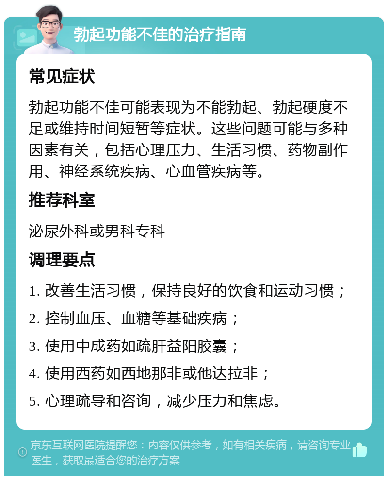 勃起功能不佳的治疗指南 常见症状 勃起功能不佳可能表现为不能勃起、勃起硬度不足或维持时间短暂等症状。这些问题可能与多种因素有关，包括心理压力、生活习惯、药物副作用、神经系统疾病、心血管疾病等。 推荐科室 泌尿外科或男科专科 调理要点 1. 改善生活习惯，保持良好的饮食和运动习惯； 2. 控制血压、血糖等基础疾病； 3. 使用中成药如疏肝益阳胶囊； 4. 使用西药如西地那非或他达拉非； 5. 心理疏导和咨询，减少压力和焦虑。