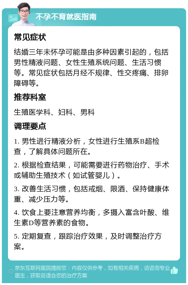 不孕不育就医指南 常见症状 结婚三年未怀孕可能是由多种因素引起的，包括男性精液问题、女性生殖系统问题、生活习惯等。常见症状包括月经不规律、性交疼痛、排卵障碍等。 推荐科室 生殖医学科、妇科、男科 调理要点 1. 男性进行精液分析，女性进行生殖系B超检查，了解具体问题所在。 2. 根据检查结果，可能需要进行药物治疗、手术或辅助生殖技术（如试管婴儿）。 3. 改善生活习惯，包括戒烟、限酒、保持健康体重、减少压力等。 4. 饮食上要注意营养均衡，多摄入富含叶酸、维生素D等营养素的食物。 5. 定期复查，跟踪治疗效果，及时调整治疗方案。