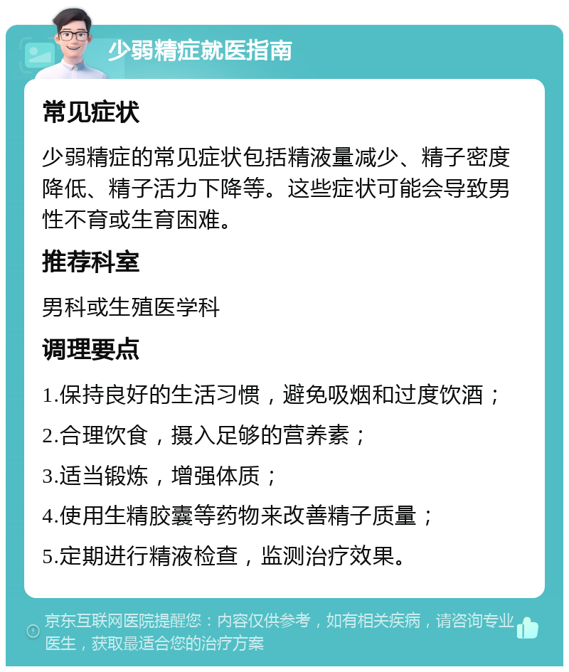 少弱精症就医指南 常见症状 少弱精症的常见症状包括精液量减少、精子密度降低、精子活力下降等。这些症状可能会导致男性不育或生育困难。 推荐科室 男科或生殖医学科 调理要点 1.保持良好的生活习惯，避免吸烟和过度饮酒； 2.合理饮食，摄入足够的营养素； 3.适当锻炼，增强体质； 4.使用生精胶囊等药物来改善精子质量； 5.定期进行精液检查，监测治疗效果。