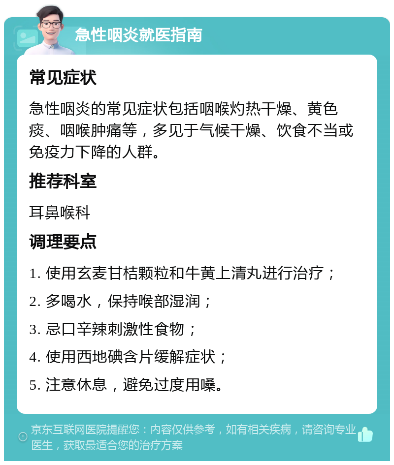 急性咽炎就医指南 常见症状 急性咽炎的常见症状包括咽喉灼热干燥、黄色痰、咽喉肿痛等，多见于气候干燥、饮食不当或免疫力下降的人群。 推荐科室 耳鼻喉科 调理要点 1. 使用玄麦甘桔颗粒和牛黄上清丸进行治疗； 2. 多喝水，保持喉部湿润； 3. 忌口辛辣刺激性食物； 4. 使用西地碘含片缓解症状； 5. 注意休息，避免过度用嗓。