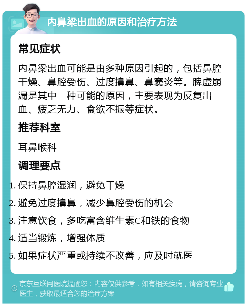 内鼻梁出血的原因和治疗方法 常见症状 内鼻梁出血可能是由多种原因引起的，包括鼻腔干燥、鼻腔受伤、过度擤鼻、鼻窦炎等。脾虚崩漏是其中一种可能的原因，主要表现为反复出血、疲乏无力、食欲不振等症状。 推荐科室 耳鼻喉科 调理要点 保持鼻腔湿润，避免干燥 避免过度擤鼻，减少鼻腔受伤的机会 注意饮食，多吃富含维生素C和铁的食物 适当锻炼，增强体质 如果症状严重或持续不改善，应及时就医