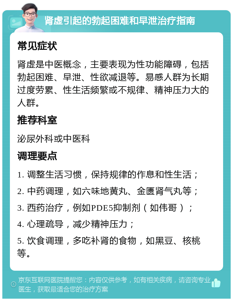 肾虚引起的勃起困难和早泄治疗指南 常见症状 肾虚是中医概念，主要表现为性功能障碍，包括勃起困难、早泄、性欲减退等。易感人群为长期过度劳累、性生活频繁或不规律、精神压力大的人群。 推荐科室 泌尿外科或中医科 调理要点 1. 调整生活习惯，保持规律的作息和性生活； 2. 中药调理，如六味地黄丸、金匮肾气丸等； 3. 西药治疗，例如PDE5抑制剂（如伟哥）； 4. 心理疏导，减少精神压力； 5. 饮食调理，多吃补肾的食物，如黑豆、核桃等。