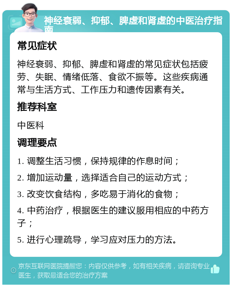 神经衰弱、抑郁、脾虚和肾虚的中医治疗指南 常见症状 神经衰弱、抑郁、脾虚和肾虚的常见症状包括疲劳、失眠、情绪低落、食欲不振等。这些疾病通常与生活方式、工作压力和遗传因素有关。 推荐科室 中医科 调理要点 1. 调整生活习惯，保持规律的作息时间； 2. 增加运动量，选择适合自己的运动方式； 3. 改变饮食结构，多吃易于消化的食物； 4. 中药治疗，根据医生的建议服用相应的中药方子； 5. 进行心理疏导，学习应对压力的方法。