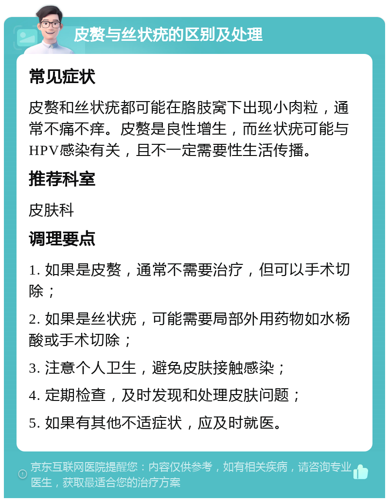 皮赘与丝状疣的区别及处理 常见症状 皮赘和丝状疣都可能在胳肢窝下出现小肉粒，通常不痛不痒。皮赘是良性增生，而丝状疣可能与HPV感染有关，且不一定需要性生活传播。 推荐科室 皮肤科 调理要点 1. 如果是皮赘，通常不需要治疗，但可以手术切除； 2. 如果是丝状疣，可能需要局部外用药物如水杨酸或手术切除； 3. 注意个人卫生，避免皮肤接触感染； 4. 定期检查，及时发现和处理皮肤问题； 5. 如果有其他不适症状，应及时就医。