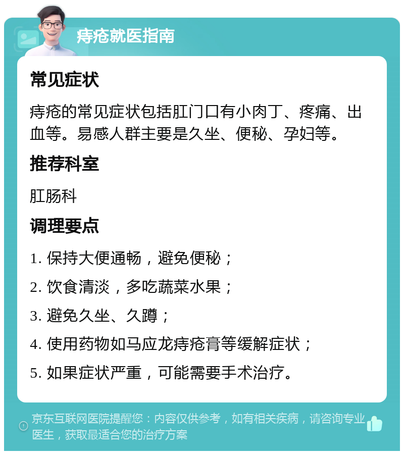 痔疮就医指南 常见症状 痔疮的常见症状包括肛门口有小肉丁、疼痛、出血等。易感人群主要是久坐、便秘、孕妇等。 推荐科室 肛肠科 调理要点 1. 保持大便通畅，避免便秘； 2. 饮食清淡，多吃蔬菜水果； 3. 避免久坐、久蹲； 4. 使用药物如马应龙痔疮膏等缓解症状； 5. 如果症状严重，可能需要手术治疗。