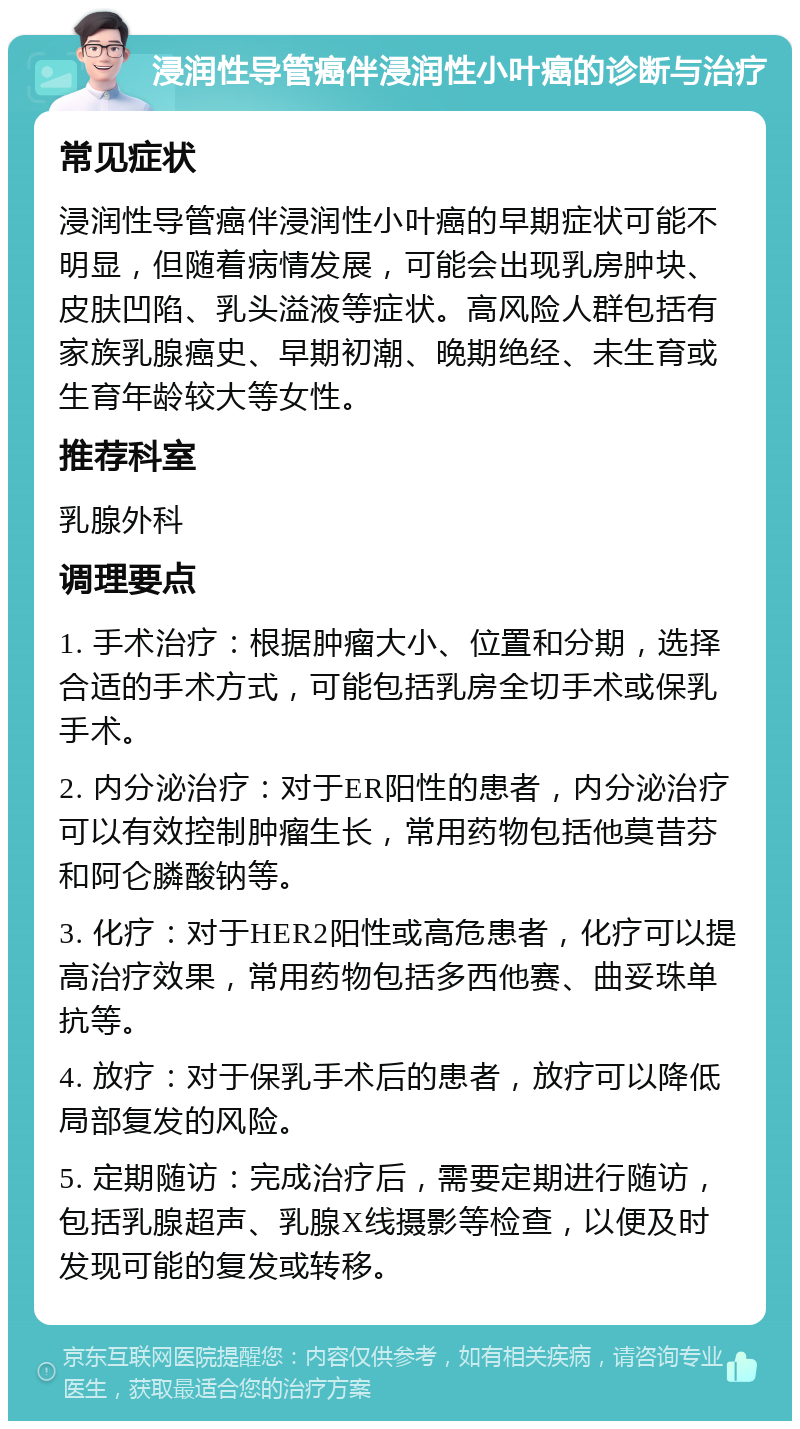 浸润性导管癌伴浸润性小叶癌的诊断与治疗 常见症状 浸润性导管癌伴浸润性小叶癌的早期症状可能不明显，但随着病情发展，可能会出现乳房肿块、皮肤凹陷、乳头溢液等症状。高风险人群包括有家族乳腺癌史、早期初潮、晚期绝经、未生育或生育年龄较大等女性。 推荐科室 乳腺外科 调理要点 1. 手术治疗：根据肿瘤大小、位置和分期，选择合适的手术方式，可能包括乳房全切手术或保乳手术。 2. 内分泌治疗：对于ER阳性的患者，内分泌治疗可以有效控制肿瘤生长，常用药物包括他莫昔芬和阿仑膦酸钠等。 3. 化疗：对于HER2阳性或高危患者，化疗可以提高治疗效果，常用药物包括多西他赛、曲妥珠单抗等。 4. 放疗：对于保乳手术后的患者，放疗可以降低局部复发的风险。 5. 定期随访：完成治疗后，需要定期进行随访，包括乳腺超声、乳腺X线摄影等检查，以便及时发现可能的复发或转移。