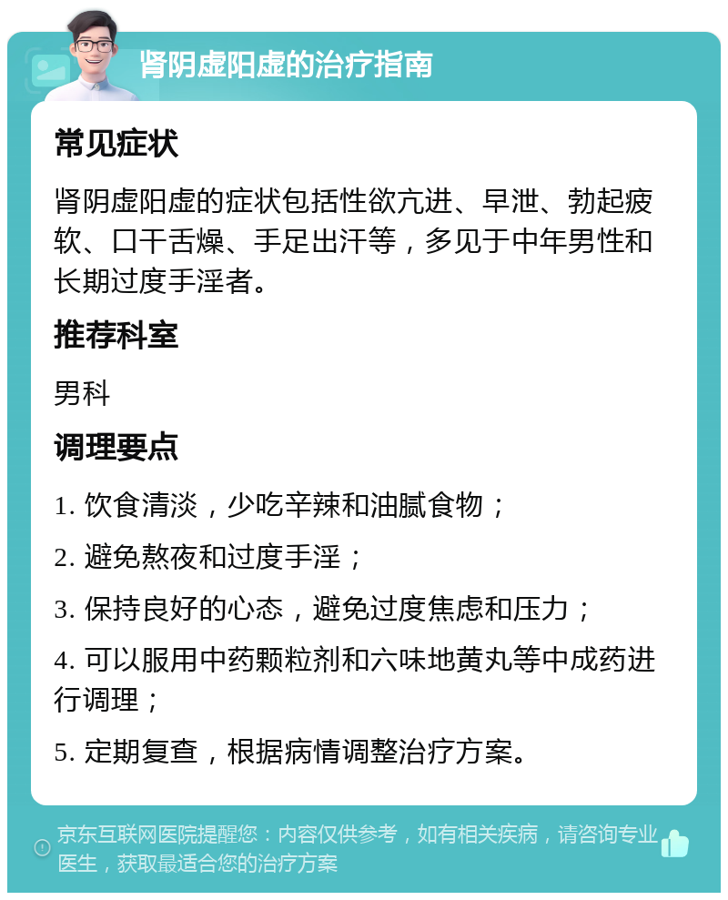 肾阴虚阳虚的治疗指南 常见症状 肾阴虚阳虚的症状包括性欲亢进、早泄、勃起疲软、口干舌燥、手足出汗等，多见于中年男性和长期过度手淫者。 推荐科室 男科 调理要点 1. 饮食清淡，少吃辛辣和油腻食物； 2. 避免熬夜和过度手淫； 3. 保持良好的心态，避免过度焦虑和压力； 4. 可以服用中药颗粒剂和六味地黄丸等中成药进行调理； 5. 定期复查，根据病情调整治疗方案。