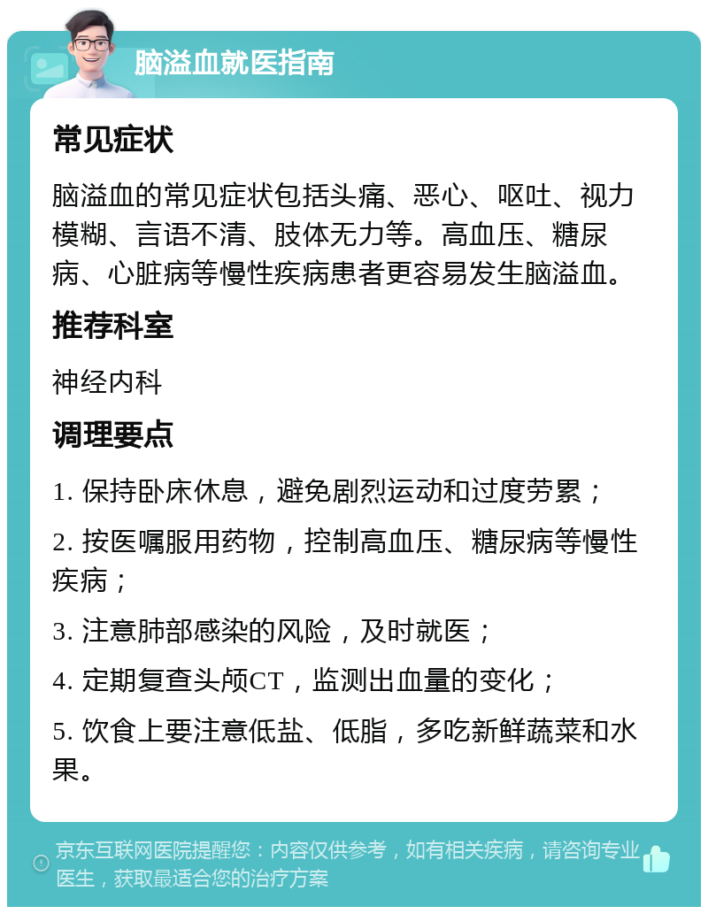 脑溢血就医指南 常见症状 脑溢血的常见症状包括头痛、恶心、呕吐、视力模糊、言语不清、肢体无力等。高血压、糖尿病、心脏病等慢性疾病患者更容易发生脑溢血。 推荐科室 神经内科 调理要点 1. 保持卧床休息，避免剧烈运动和过度劳累； 2. 按医嘱服用药物，控制高血压、糖尿病等慢性疾病； 3. 注意肺部感染的风险，及时就医； 4. 定期复查头颅CT，监测出血量的变化； 5. 饮食上要注意低盐、低脂，多吃新鲜蔬菜和水果。