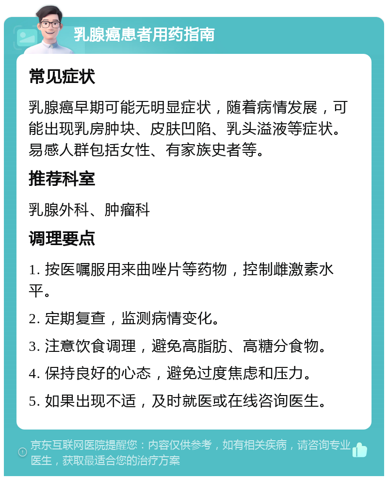 乳腺癌患者用药指南 常见症状 乳腺癌早期可能无明显症状，随着病情发展，可能出现乳房肿块、皮肤凹陷、乳头溢液等症状。易感人群包括女性、有家族史者等。 推荐科室 乳腺外科、肿瘤科 调理要点 1. 按医嘱服用来曲唑片等药物，控制雌激素水平。 2. 定期复查，监测病情变化。 3. 注意饮食调理，避免高脂肪、高糖分食物。 4. 保持良好的心态，避免过度焦虑和压力。 5. 如果出现不适，及时就医或在线咨询医生。