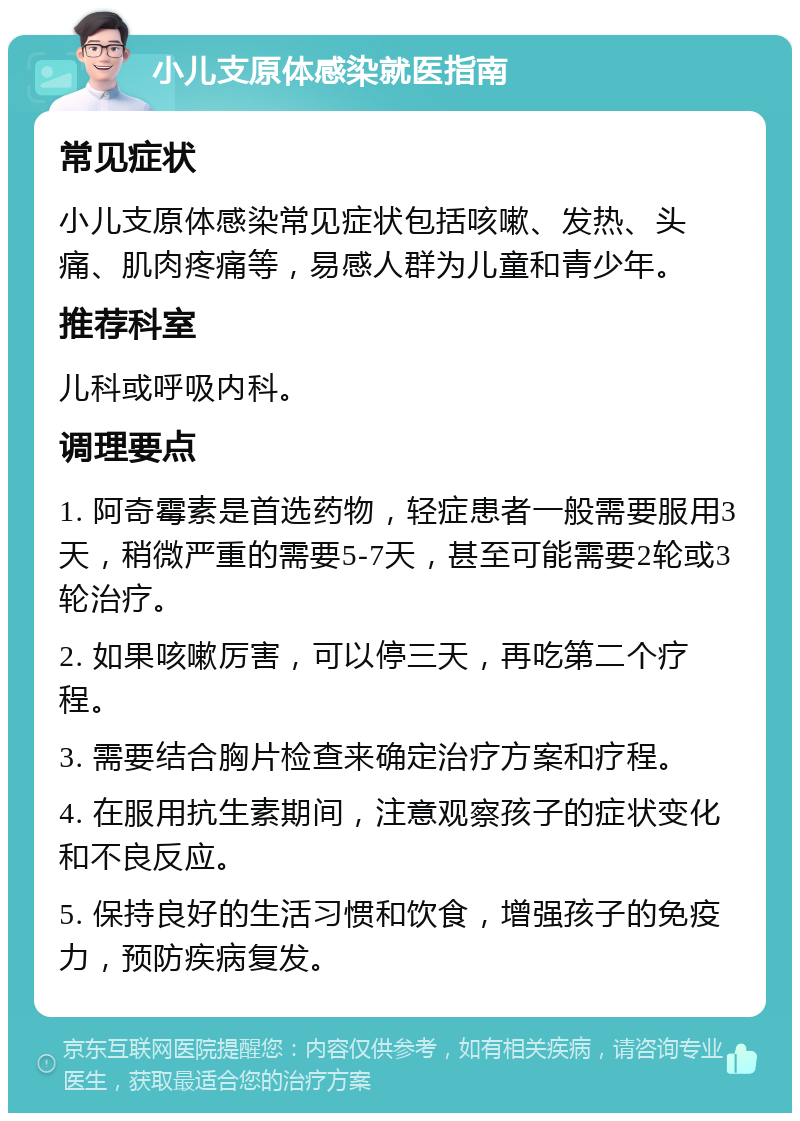 小儿支原体感染就医指南 常见症状 小儿支原体感染常见症状包括咳嗽、发热、头痛、肌肉疼痛等，易感人群为儿童和青少年。 推荐科室 儿科或呼吸内科。 调理要点 1. 阿奇霉素是首选药物，轻症患者一般需要服用3天，稍微严重的需要5-7天，甚至可能需要2轮或3轮治疗。 2. 如果咳嗽厉害，可以停三天，再吃第二个疗程。 3. 需要结合胸片检查来确定治疗方案和疗程。 4. 在服用抗生素期间，注意观察孩子的症状变化和不良反应。 5. 保持良好的生活习惯和饮食，增强孩子的免疫力，预防疾病复发。