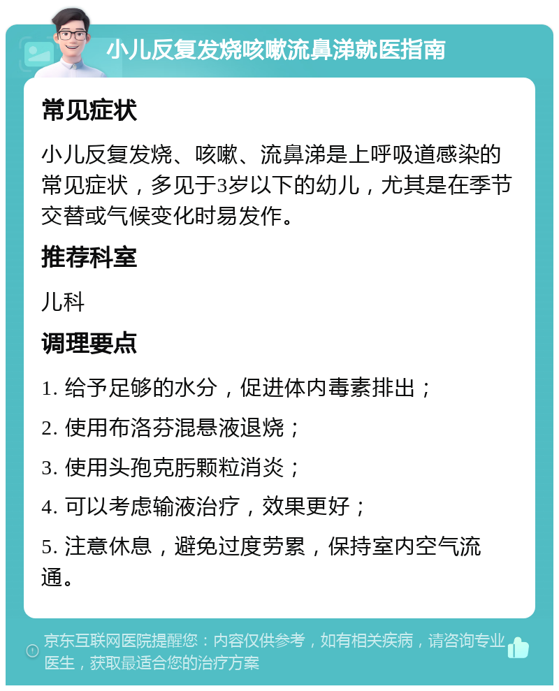 小儿反复发烧咳嗽流鼻涕就医指南 常见症状 小儿反复发烧、咳嗽、流鼻涕是上呼吸道感染的常见症状，多见于3岁以下的幼儿，尤其是在季节交替或气候变化时易发作。 推荐科室 儿科 调理要点 1. 给予足够的水分，促进体内毒素排出； 2. 使用布洛芬混悬液退烧； 3. 使用头孢克肟颗粒消炎； 4. 可以考虑输液治疗，效果更好； 5. 注意休息，避免过度劳累，保持室内空气流通。