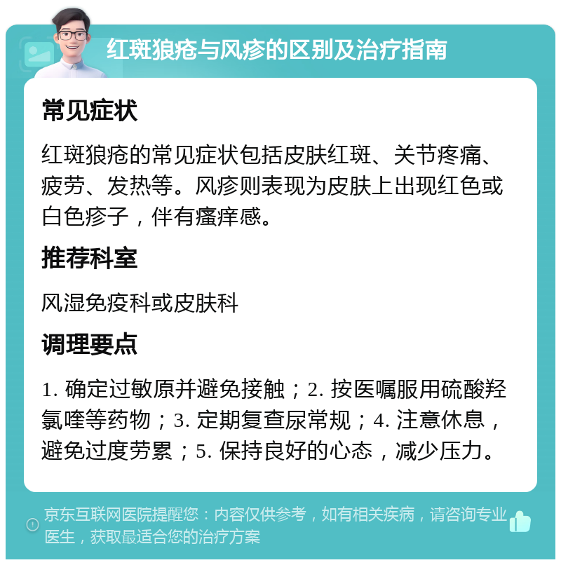 红斑狼疮与风疹的区别及治疗指南 常见症状 红斑狼疮的常见症状包括皮肤红斑、关节疼痛、疲劳、发热等。风疹则表现为皮肤上出现红色或白色疹子，伴有瘙痒感。 推荐科室 风湿免疫科或皮肤科 调理要点 1. 确定过敏原并避免接触；2. 按医嘱服用硫酸羟氯喹等药物；3. 定期复查尿常规；4. 注意休息，避免过度劳累；5. 保持良好的心态，减少压力。