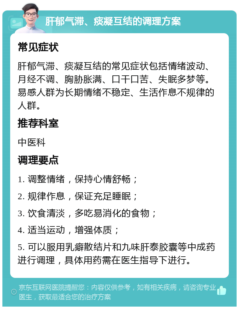 肝郁气滞、痰凝互结的调理方案 常见症状 肝郁气滞、痰凝互结的常见症状包括情绪波动、月经不调、胸胁胀满、口干口苦、失眠多梦等。易感人群为长期情绪不稳定、生活作息不规律的人群。 推荐科室 中医科 调理要点 1. 调整情绪，保持心情舒畅； 2. 规律作息，保证充足睡眠； 3. 饮食清淡，多吃易消化的食物； 4. 适当运动，增强体质； 5. 可以服用乳癖散结片和九味肝泰胶囊等中成药进行调理，具体用药需在医生指导下进行。