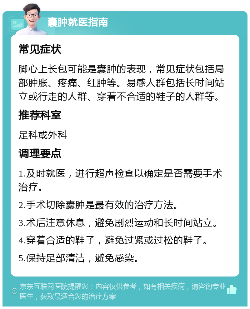 囊肿就医指南 常见症状 脚心上长包可能是囊肿的表现，常见症状包括局部肿胀、疼痛、红肿等。易感人群包括长时间站立或行走的人群、穿着不合适的鞋子的人群等。 推荐科室 足科或外科 调理要点 1.及时就医，进行超声检查以确定是否需要手术治疗。 2.手术切除囊肿是最有效的治疗方法。 3.术后注意休息，避免剧烈运动和长时间站立。 4.穿着合适的鞋子，避免过紧或过松的鞋子。 5.保持足部清洁，避免感染。