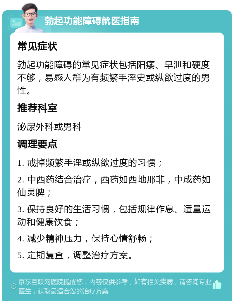 勃起功能障碍就医指南 常见症状 勃起功能障碍的常见症状包括阳痿、早泄和硬度不够，易感人群为有频繁手淫史或纵欲过度的男性。 推荐科室 泌尿外科或男科 调理要点 1. 戒掉频繁手淫或纵欲过度的习惯； 2. 中西药结合治疗，西药如西地那非，中成药如仙灵脾； 3. 保持良好的生活习惯，包括规律作息、适量运动和健康饮食； 4. 减少精神压力，保持心情舒畅； 5. 定期复查，调整治疗方案。