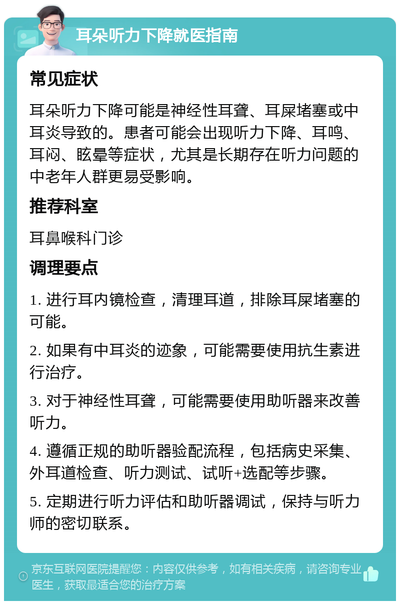 耳朵听力下降就医指南 常见症状 耳朵听力下降可能是神经性耳聋、耳屎堵塞或中耳炎导致的。患者可能会出现听力下降、耳鸣、耳闷、眩晕等症状，尤其是长期存在听力问题的中老年人群更易受影响。 推荐科室 耳鼻喉科门诊 调理要点 1. 进行耳内镜检查，清理耳道，排除耳屎堵塞的可能。 2. 如果有中耳炎的迹象，可能需要使用抗生素进行治疗。 3. 对于神经性耳聋，可能需要使用助听器来改善听力。 4. 遵循正规的助听器验配流程，包括病史采集、外耳道检查、听力测试、试听+选配等步骤。 5. 定期进行听力评估和助听器调试，保持与听力师的密切联系。