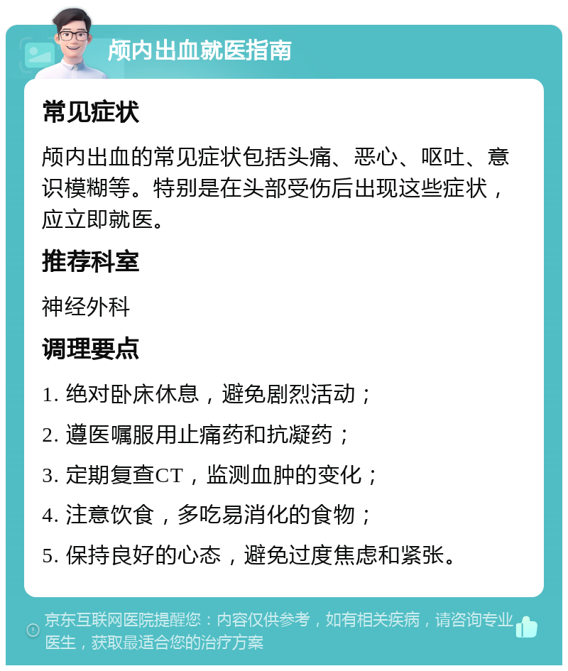 颅内出血就医指南 常见症状 颅内出血的常见症状包括头痛、恶心、呕吐、意识模糊等。特别是在头部受伤后出现这些症状，应立即就医。 推荐科室 神经外科 调理要点 1. 绝对卧床休息，避免剧烈活动； 2. 遵医嘱服用止痛药和抗凝药； 3. 定期复查CT，监测血肿的变化； 4. 注意饮食，多吃易消化的食物； 5. 保持良好的心态，避免过度焦虑和紧张。