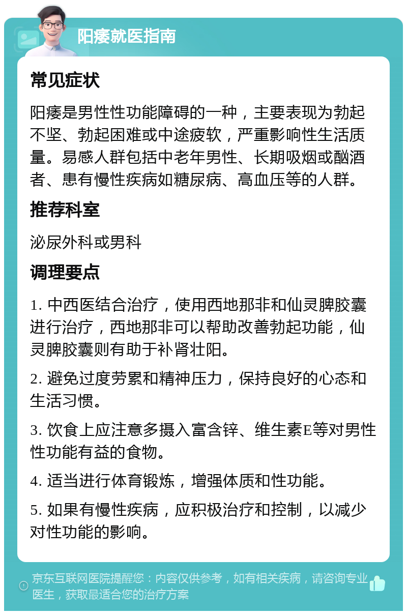 阳痿就医指南 常见症状 阳痿是男性性功能障碍的一种，主要表现为勃起不坚、勃起困难或中途疲软，严重影响性生活质量。易感人群包括中老年男性、长期吸烟或酗酒者、患有慢性疾病如糖尿病、高血压等的人群。 推荐科室 泌尿外科或男科 调理要点 1. 中西医结合治疗，使用西地那非和仙灵脾胶囊进行治疗，西地那非可以帮助改善勃起功能，仙灵脾胶囊则有助于补肾壮阳。 2. 避免过度劳累和精神压力，保持良好的心态和生活习惯。 3. 饮食上应注意多摄入富含锌、维生素E等对男性性功能有益的食物。 4. 适当进行体育锻炼，增强体质和性功能。 5. 如果有慢性疾病，应积极治疗和控制，以减少对性功能的影响。