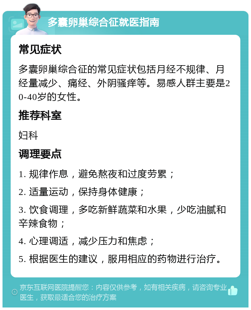 多囊卵巢综合征就医指南 常见症状 多囊卵巢综合征的常见症状包括月经不规律、月经量减少、痛经、外阴骚痒等。易感人群主要是20-40岁的女性。 推荐科室 妇科 调理要点 1. 规律作息，避免熬夜和过度劳累； 2. 适量运动，保持身体健康； 3. 饮食调理，多吃新鲜蔬菜和水果，少吃油腻和辛辣食物； 4. 心理调适，减少压力和焦虑； 5. 根据医生的建议，服用相应的药物进行治疗。