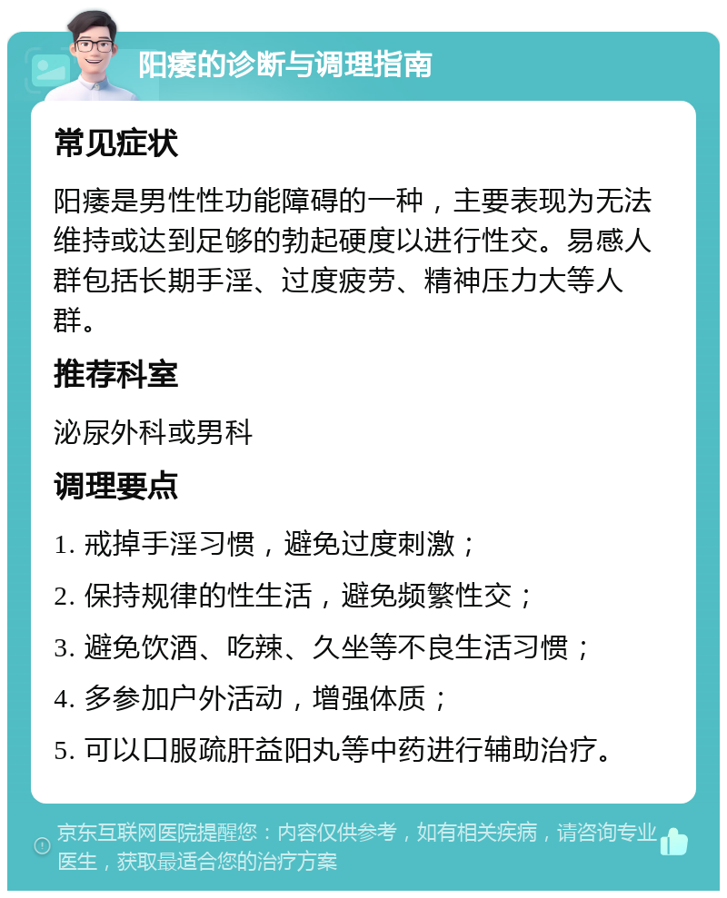 阳痿的诊断与调理指南 常见症状 阳痿是男性性功能障碍的一种，主要表现为无法维持或达到足够的勃起硬度以进行性交。易感人群包括长期手淫、过度疲劳、精神压力大等人群。 推荐科室 泌尿外科或男科 调理要点 1. 戒掉手淫习惯，避免过度刺激； 2. 保持规律的性生活，避免频繁性交； 3. 避免饮酒、吃辣、久坐等不良生活习惯； 4. 多参加户外活动，增强体质； 5. 可以口服疏肝益阳丸等中药进行辅助治疗。