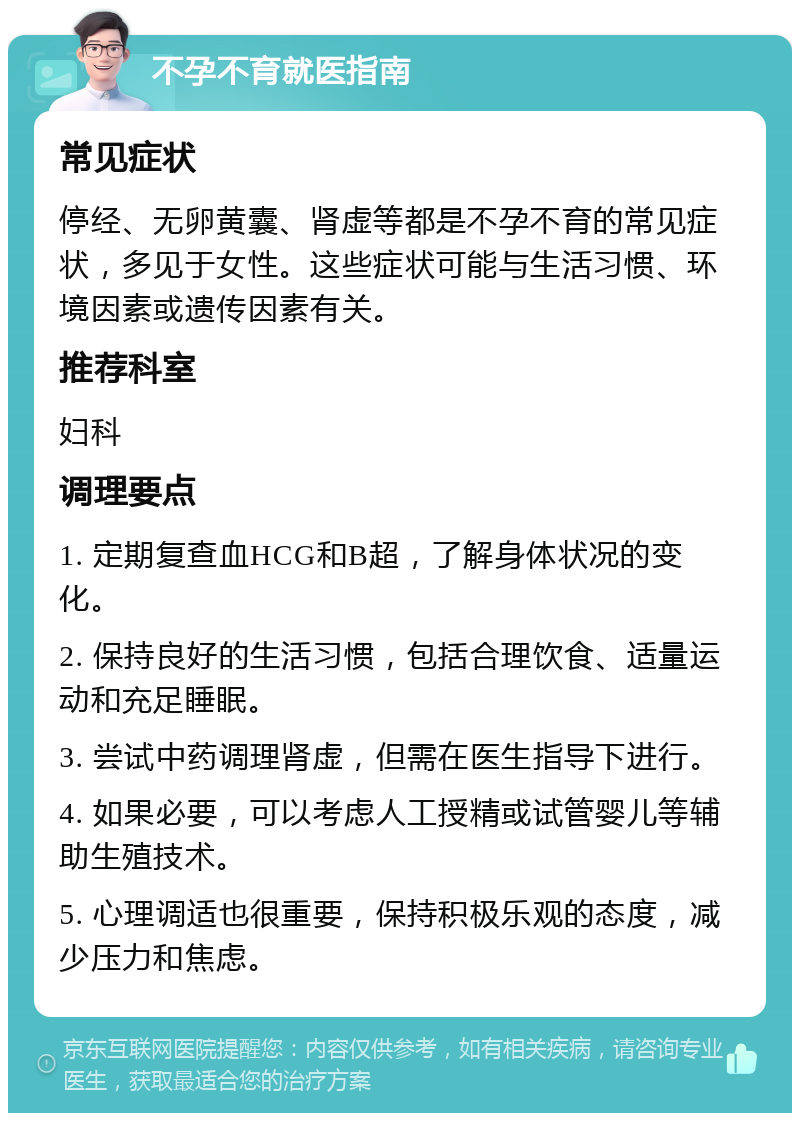 不孕不育就医指南 常见症状 停经、无卵黄囊、肾虚等都是不孕不育的常见症状，多见于女性。这些症状可能与生活习惯、环境因素或遗传因素有关。 推荐科室 妇科 调理要点 1. 定期复查血HCG和B超，了解身体状况的变化。 2. 保持良好的生活习惯，包括合理饮食、适量运动和充足睡眠。 3. 尝试中药调理肾虚，但需在医生指导下进行。 4. 如果必要，可以考虑人工授精或试管婴儿等辅助生殖技术。 5. 心理调适也很重要，保持积极乐观的态度，减少压力和焦虑。