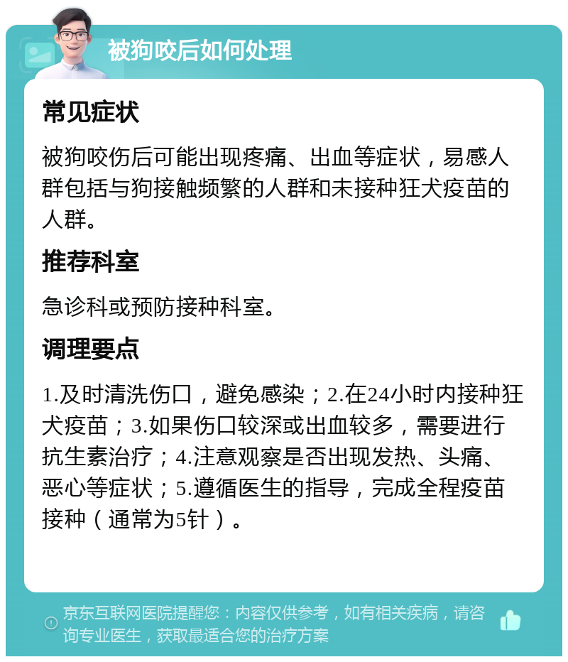 被狗咬后如何处理 常见症状 被狗咬伤后可能出现疼痛、出血等症状，易感人群包括与狗接触频繁的人群和未接种狂犬疫苗的人群。 推荐科室 急诊科或预防接种科室。 调理要点 1.及时清洗伤口，避免感染；2.在24小时内接种狂犬疫苗；3.如果伤口较深或出血较多，需要进行抗生素治疗；4.注意观察是否出现发热、头痛、恶心等症状；5.遵循医生的指导，完成全程疫苗接种（通常为5针）。