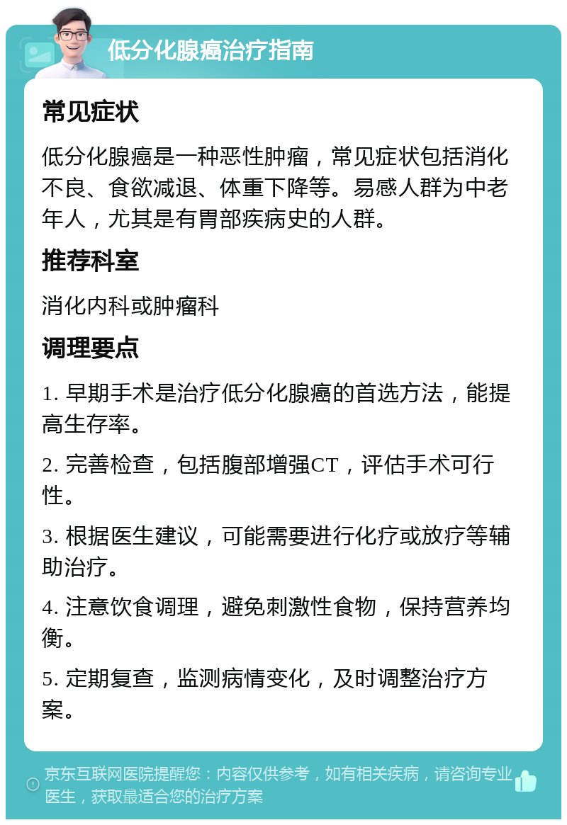 低分化腺癌治疗指南 常见症状 低分化腺癌是一种恶性肿瘤，常见症状包括消化不良、食欲减退、体重下降等。易感人群为中老年人，尤其是有胃部疾病史的人群。 推荐科室 消化内科或肿瘤科 调理要点 1. 早期手术是治疗低分化腺癌的首选方法，能提高生存率。 2. 完善检查，包括腹部增强CT，评估手术可行性。 3. 根据医生建议，可能需要进行化疗或放疗等辅助治疗。 4. 注意饮食调理，避免刺激性食物，保持营养均衡。 5. 定期复查，监测病情变化，及时调整治疗方案。