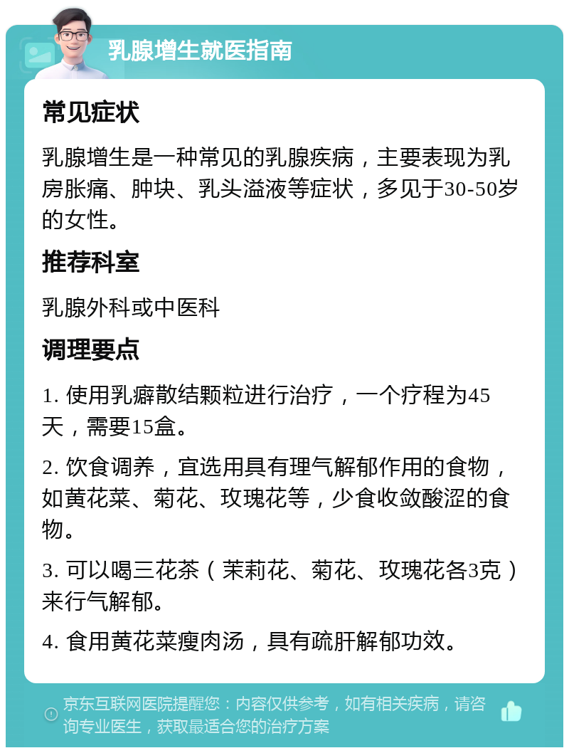 乳腺增生就医指南 常见症状 乳腺增生是一种常见的乳腺疾病，主要表现为乳房胀痛、肿块、乳头溢液等症状，多见于30-50岁的女性。 推荐科室 乳腺外科或中医科 调理要点 1. 使用乳癖散结颗粒进行治疗，一个疗程为45天，需要15盒。 2. 饮食调养，宜选用具有理气解郁作用的食物，如黄花菜、菊花、玫瑰花等，少食收敛酸涩的食物。 3. 可以喝三花茶（茉莉花、菊花、玫瑰花各3克）来行气解郁。 4. 食用黄花菜瘦肉汤，具有疏肝解郁功效。