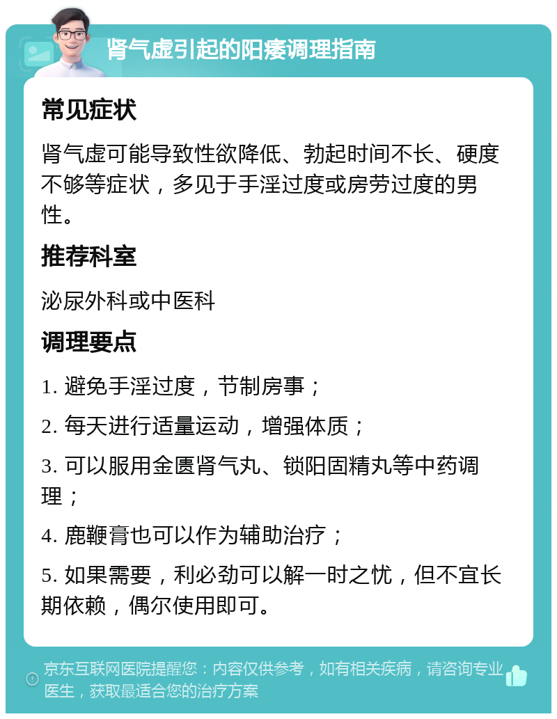 肾气虚引起的阳痿调理指南 常见症状 肾气虚可能导致性欲降低、勃起时间不长、硬度不够等症状，多见于手淫过度或房劳过度的男性。 推荐科室 泌尿外科或中医科 调理要点 1. 避免手淫过度，节制房事； 2. 每天进行适量运动，增强体质； 3. 可以服用金匮肾气丸、锁阳固精丸等中药调理； 4. 鹿鞭膏也可以作为辅助治疗； 5. 如果需要，利必劲可以解一时之忧，但不宜长期依赖，偶尔使用即可。