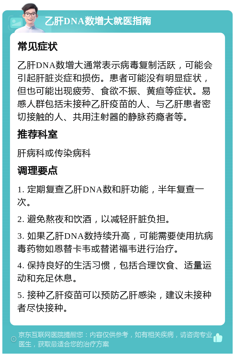 乙肝DNA数增大就医指南 常见症状 乙肝DNA数增大通常表示病毒复制活跃，可能会引起肝脏炎症和损伤。患者可能没有明显症状，但也可能出现疲劳、食欲不振、黄疸等症状。易感人群包括未接种乙肝疫苗的人、与乙肝患者密切接触的人、共用注射器的静脉药瘾者等。 推荐科室 肝病科或传染病科 调理要点 1. 定期复查乙肝DNA数和肝功能，半年复查一次。 2. 避免熬夜和饮酒，以减轻肝脏负担。 3. 如果乙肝DNA数持续升高，可能需要使用抗病毒药物如恩替卡韦或替诺福韦进行治疗。 4. 保持良好的生活习惯，包括合理饮食、适量运动和充足休息。 5. 接种乙肝疫苗可以预防乙肝感染，建议未接种者尽快接种。