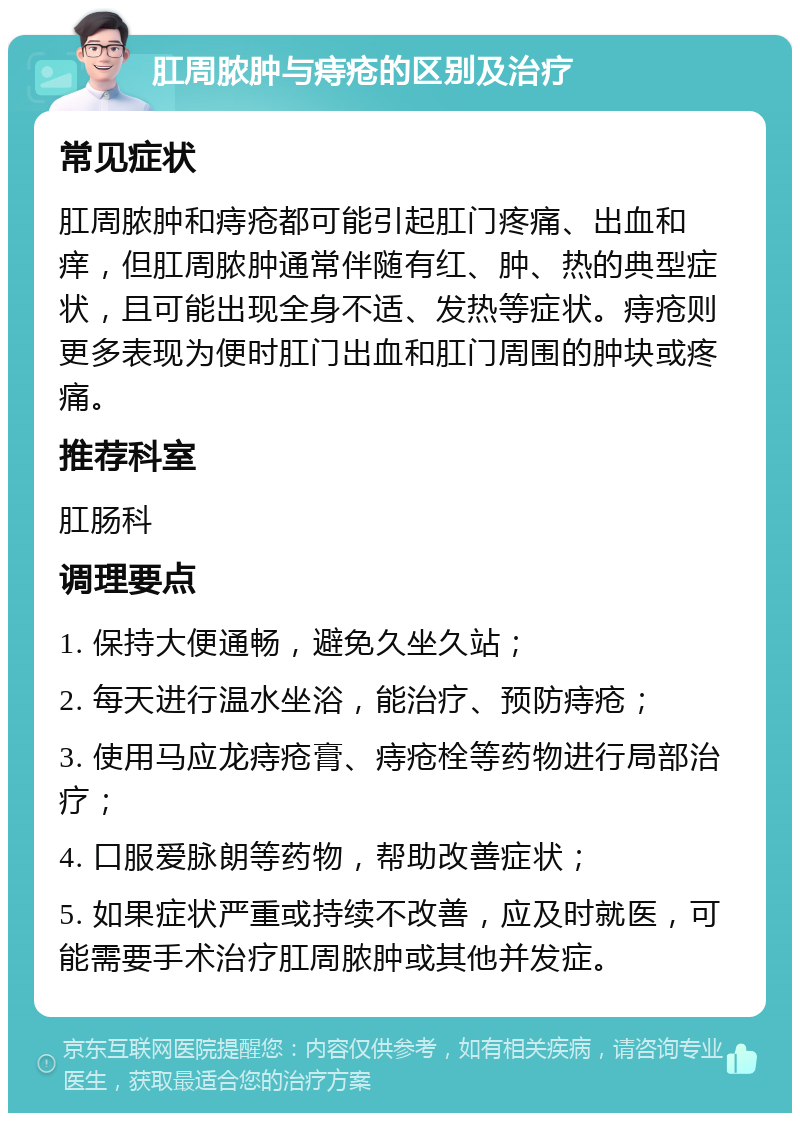 肛周脓肿与痔疮的区别及治疗 常见症状 肛周脓肿和痔疮都可能引起肛门疼痛、出血和痒，但肛周脓肿通常伴随有红、肿、热的典型症状，且可能出现全身不适、发热等症状。痔疮则更多表现为便时肛门出血和肛门周围的肿块或疼痛。 推荐科室 肛肠科 调理要点 1. 保持大便通畅，避免久坐久站； 2. 每天进行温水坐浴，能治疗、预防痔疮； 3. 使用马应龙痔疮膏、痔疮栓等药物进行局部治疗； 4. 口服爱脉朗等药物，帮助改善症状； 5. 如果症状严重或持续不改善，应及时就医，可能需要手术治疗肛周脓肿或其他并发症。