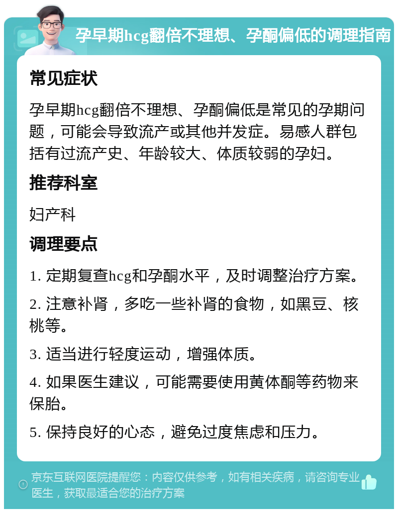 孕早期hcg翻倍不理想、孕酮偏低的调理指南 常见症状 孕早期hcg翻倍不理想、孕酮偏低是常见的孕期问题，可能会导致流产或其他并发症。易感人群包括有过流产史、年龄较大、体质较弱的孕妇。 推荐科室 妇产科 调理要点 1. 定期复查hcg和孕酮水平，及时调整治疗方案。 2. 注意补肾，多吃一些补肾的食物，如黑豆、核桃等。 3. 适当进行轻度运动，增强体质。 4. 如果医生建议，可能需要使用黄体酮等药物来保胎。 5. 保持良好的心态，避免过度焦虑和压力。