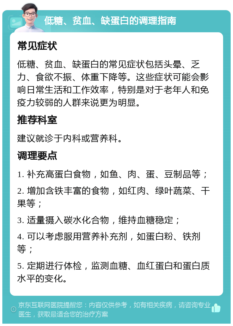 低糖、贫血、缺蛋白的调理指南 常见症状 低糖、贫血、缺蛋白的常见症状包括头晕、乏力、食欲不振、体重下降等。这些症状可能会影响日常生活和工作效率，特别是对于老年人和免疫力较弱的人群来说更为明显。 推荐科室 建议就诊于内科或营养科。 调理要点 1. 补充高蛋白食物，如鱼、肉、蛋、豆制品等； 2. 增加含铁丰富的食物，如红肉、绿叶蔬菜、干果等； 3. 适量摄入碳水化合物，维持血糖稳定； 4. 可以考虑服用营养补充剂，如蛋白粉、铁剂等； 5. 定期进行体检，监测血糖、血红蛋白和蛋白质水平的变化。