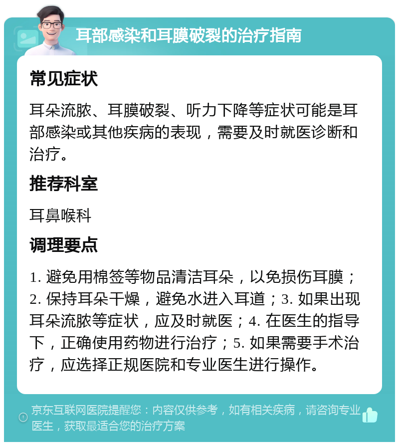 耳部感染和耳膜破裂的治疗指南 常见症状 耳朵流脓、耳膜破裂、听力下降等症状可能是耳部感染或其他疾病的表现，需要及时就医诊断和治疗。 推荐科室 耳鼻喉科 调理要点 1. 避免用棉签等物品清洁耳朵，以免损伤耳膜；2. 保持耳朵干燥，避免水进入耳道；3. 如果出现耳朵流脓等症状，应及时就医；4. 在医生的指导下，正确使用药物进行治疗；5. 如果需要手术治疗，应选择正规医院和专业医生进行操作。