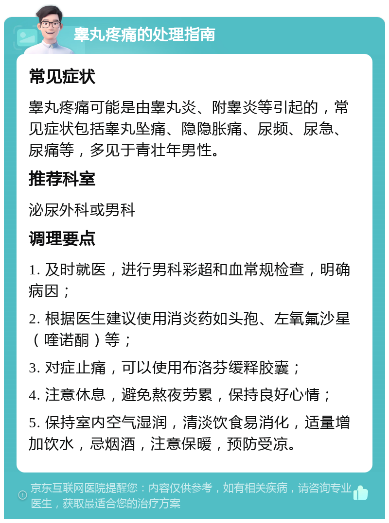 睾丸疼痛的处理指南 常见症状 睾丸疼痛可能是由睾丸炎、附睾炎等引起的，常见症状包括睾丸坠痛、隐隐胀痛、尿频、尿急、尿痛等，多见于青壮年男性。 推荐科室 泌尿外科或男科 调理要点 1. 及时就医，进行男科彩超和血常规检查，明确病因； 2. 根据医生建议使用消炎药如头孢、左氧氟沙星（喹诺酮）等； 3. 对症止痛，可以使用布洛芬缓释胶囊； 4. 注意休息，避免熬夜劳累，保持良好心情； 5. 保持室内空气湿润，清淡饮食易消化，适量增加饮水，忌烟酒，注意保暖，预防受凉。