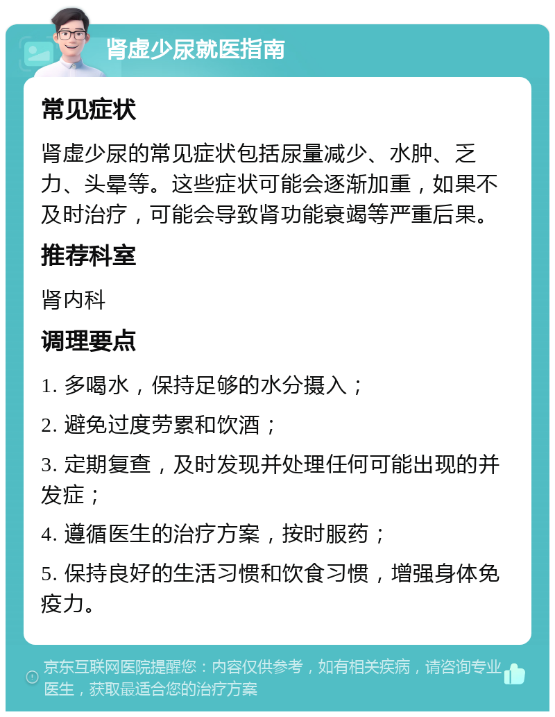 肾虚少尿就医指南 常见症状 肾虚少尿的常见症状包括尿量减少、水肿、乏力、头晕等。这些症状可能会逐渐加重，如果不及时治疗，可能会导致肾功能衰竭等严重后果。 推荐科室 肾内科 调理要点 1. 多喝水，保持足够的水分摄入； 2. 避免过度劳累和饮酒； 3. 定期复查，及时发现并处理任何可能出现的并发症； 4. 遵循医生的治疗方案，按时服药； 5. 保持良好的生活习惯和饮食习惯，增强身体免疫力。