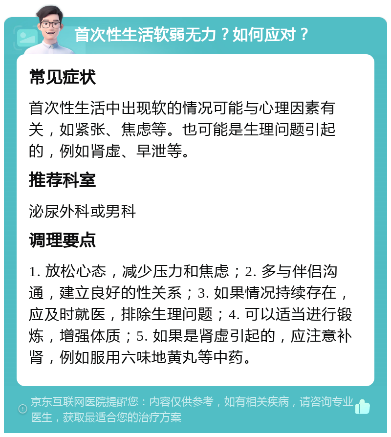 首次性生活软弱无力？如何应对？ 常见症状 首次性生活中出现软的情况可能与心理因素有关，如紧张、焦虑等。也可能是生理问题引起的，例如肾虚、早泄等。 推荐科室 泌尿外科或男科 调理要点 1. 放松心态，减少压力和焦虑；2. 多与伴侣沟通，建立良好的性关系；3. 如果情况持续存在，应及时就医，排除生理问题；4. 可以适当进行锻炼，增强体质；5. 如果是肾虚引起的，应注意补肾，例如服用六味地黄丸等中药。