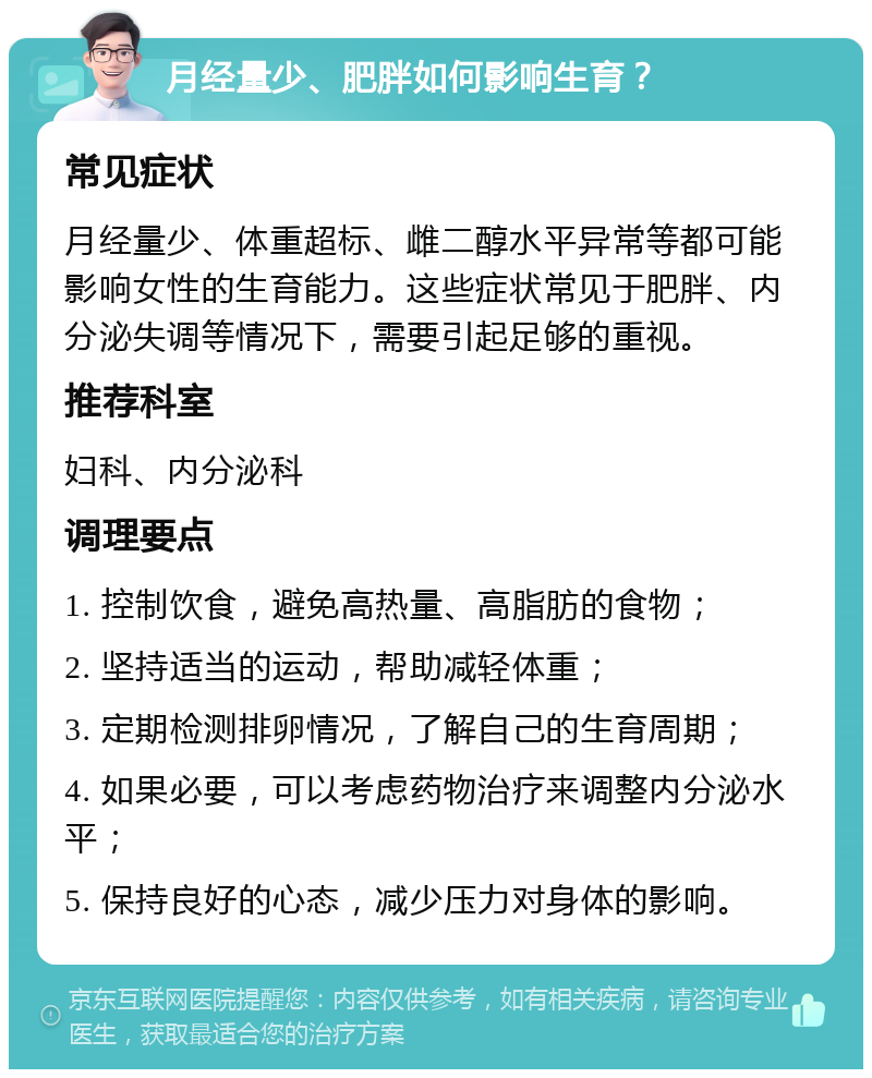 月经量少、肥胖如何影响生育？ 常见症状 月经量少、体重超标、雌二醇水平异常等都可能影响女性的生育能力。这些症状常见于肥胖、内分泌失调等情况下，需要引起足够的重视。 推荐科室 妇科、内分泌科 调理要点 1. 控制饮食，避免高热量、高脂肪的食物； 2. 坚持适当的运动，帮助减轻体重； 3. 定期检测排卵情况，了解自己的生育周期； 4. 如果必要，可以考虑药物治疗来调整内分泌水平； 5. 保持良好的心态，减少压力对身体的影响。