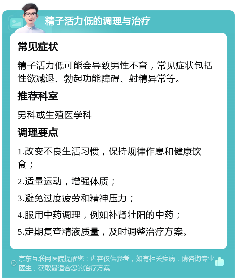 精子活力低的调理与治疗 常见症状 精子活力低可能会导致男性不育，常见症状包括性欲减退、勃起功能障碍、射精异常等。 推荐科室 男科或生殖医学科 调理要点 1.改变不良生活习惯，保持规律作息和健康饮食； 2.适量运动，增强体质； 3.避免过度疲劳和精神压力； 4.服用中药调理，例如补肾壮阳的中药； 5.定期复查精液质量，及时调整治疗方案。