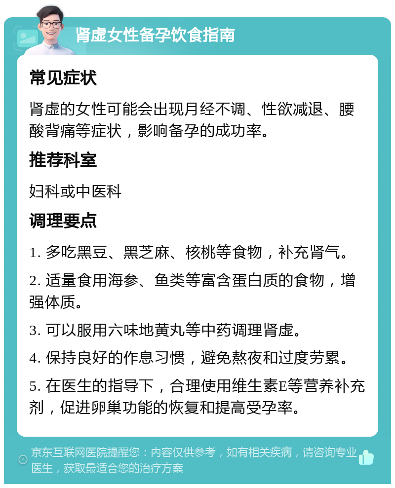 肾虚女性备孕饮食指南 常见症状 肾虚的女性可能会出现月经不调、性欲减退、腰酸背痛等症状，影响备孕的成功率。 推荐科室 妇科或中医科 调理要点 1. 多吃黑豆、黑芝麻、核桃等食物，补充肾气。 2. 适量食用海参、鱼类等富含蛋白质的食物，增强体质。 3. 可以服用六味地黄丸等中药调理肾虚。 4. 保持良好的作息习惯，避免熬夜和过度劳累。 5. 在医生的指导下，合理使用维生素E等营养补充剂，促进卵巢功能的恢复和提高受孕率。