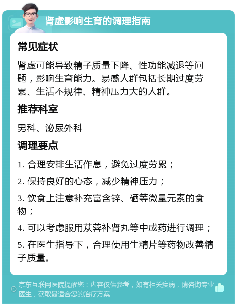 肾虚影响生育的调理指南 常见症状 肾虚可能导致精子质量下降、性功能减退等问题，影响生育能力。易感人群包括长期过度劳累、生活不规律、精神压力大的人群。 推荐科室 男科、泌尿外科 调理要点 1. 合理安排生活作息，避免过度劳累； 2. 保持良好的心态，减少精神压力； 3. 饮食上注意补充富含锌、硒等微量元素的食物； 4. 可以考虑服用苁蓉补肾丸等中成药进行调理； 5. 在医生指导下，合理使用生精片等药物改善精子质量。