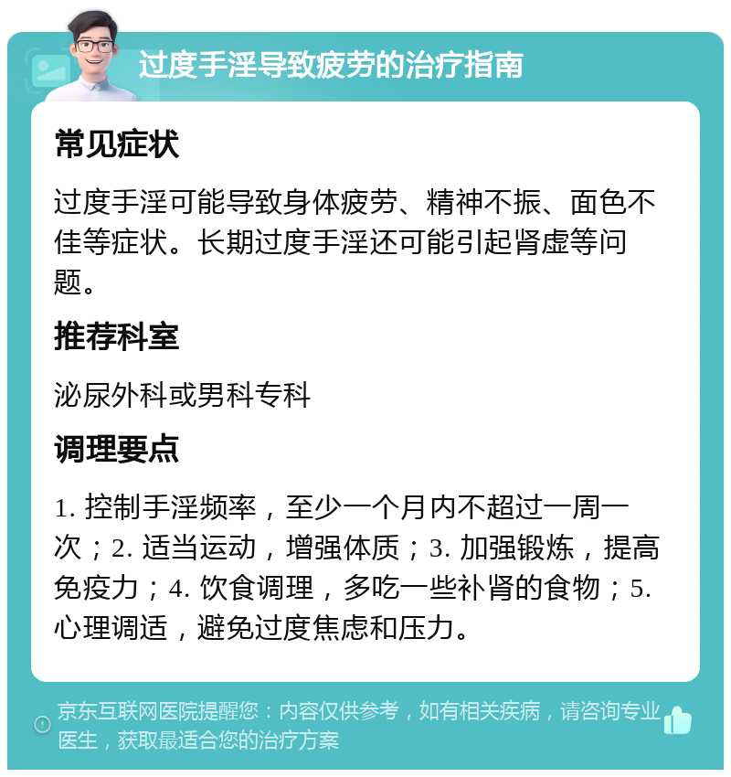 过度手淫导致疲劳的治疗指南 常见症状 过度手淫可能导致身体疲劳、精神不振、面色不佳等症状。长期过度手淫还可能引起肾虚等问题。 推荐科室 泌尿外科或男科专科 调理要点 1. 控制手淫频率，至少一个月内不超过一周一次；2. 适当运动，增强体质；3. 加强锻炼，提高免疫力；4. 饮食调理，多吃一些补肾的食物；5. 心理调适，避免过度焦虑和压力。