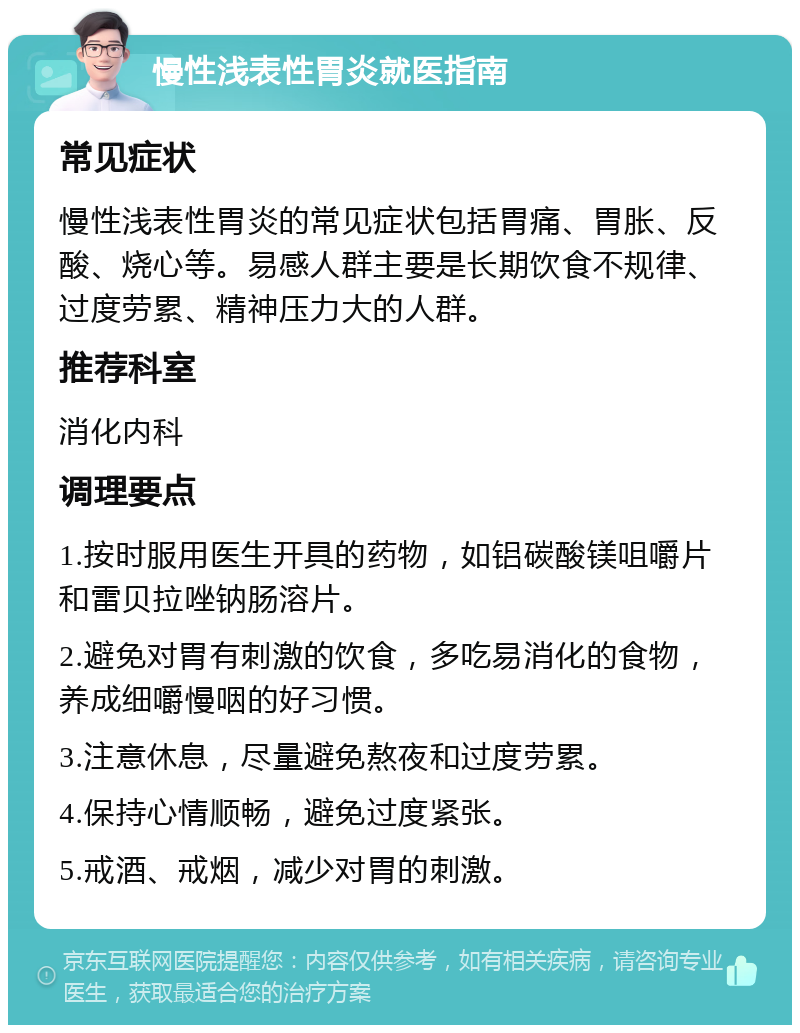 慢性浅表性胃炎就医指南 常见症状 慢性浅表性胃炎的常见症状包括胃痛、胃胀、反酸、烧心等。易感人群主要是长期饮食不规律、过度劳累、精神压力大的人群。 推荐科室 消化内科 调理要点 1.按时服用医生开具的药物，如铝碳酸镁咀嚼片和雷贝拉唑钠肠溶片。 2.避免对胃有刺激的饮食，多吃易消化的食物，养成细嚼慢咽的好习惯。 3.注意休息，尽量避免熬夜和过度劳累。 4.保持心情顺畅，避免过度紧张。 5.戒酒、戒烟，减少对胃的刺激。